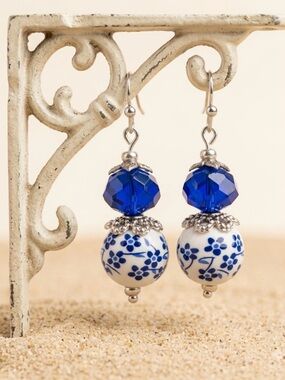 Handmade Floral White Porcelain Bead & Cobalt Faceted Crystal Drop Earrings NWT
